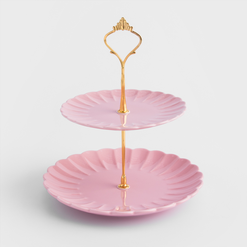 法式 金瓣夢遊 21cm 陶瓷花形雙層甜點盤｜茱萸粉│單品_0