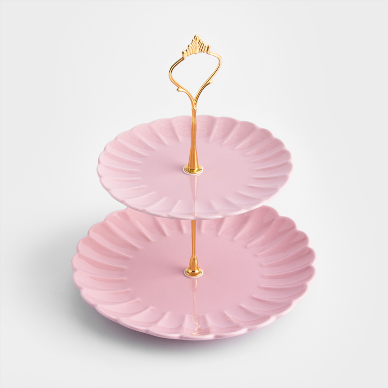 法式 金瓣夢遊 21cm 陶瓷花形雙層甜點盤｜茱萸粉│單品_1