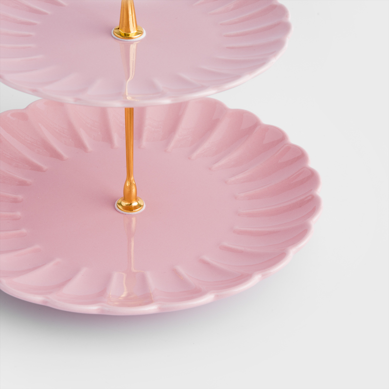 法式 金瓣夢遊 21cm 陶瓷花形雙層甜點盤｜茱萸粉│單品_2
