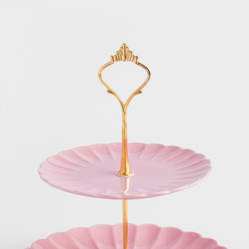 法式 金瓣夢遊 21cm 陶瓷花形雙層甜點盤｜茱萸粉│單品_3
