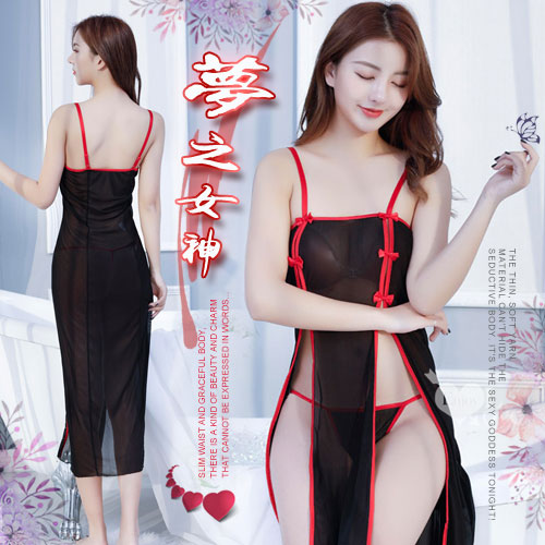 夢之女神！曼妙前雙開襟薄紗長裙睡衣﹝黑﹞ E531320_0