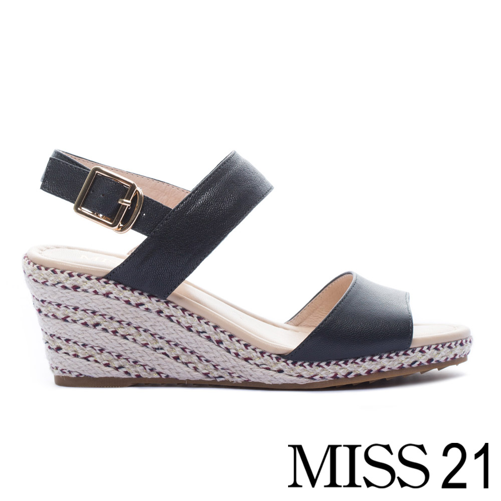 Miss 21 簡約百搭魚口剪裁一字帶羊皮草編楔型涼鞋 藍 Miss 21 時尚女鞋