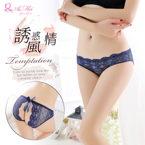 誘惑風情！花朵蕾絲蝴蝶結後開檔三角褲﹝深藍﹞ E538602