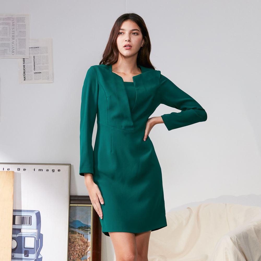 SST&C #Online Exclusive  Dark Green Geometric Collar Design Dress | 8561910006  (Outlet)_0