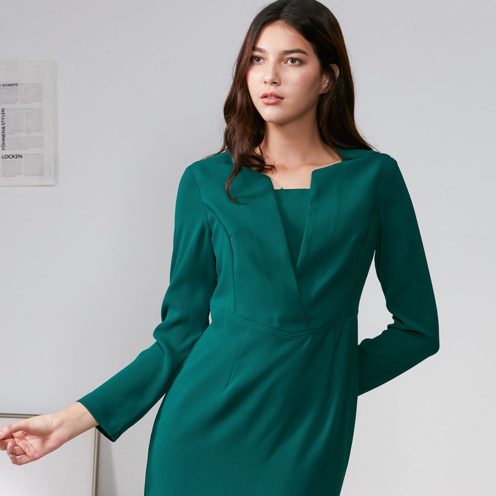SST&C #Online Exclusive  Dark Green Geometric Collar Design Dress | 8561910006  (Outlet)_1