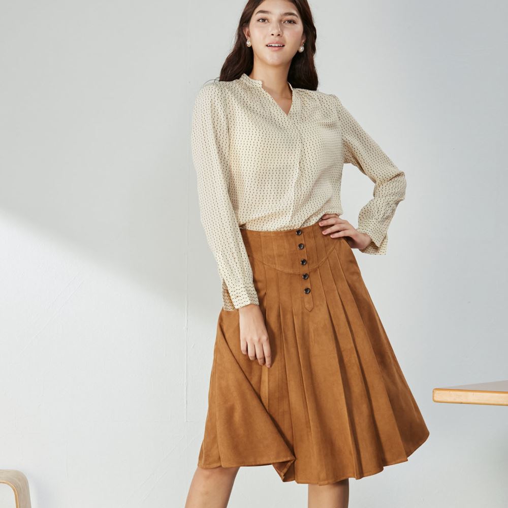 SST&C #Online Exclusive  Women'S Khaki Pleated High Waist Suede Skirt | 8361910001  (Outlet)_0
