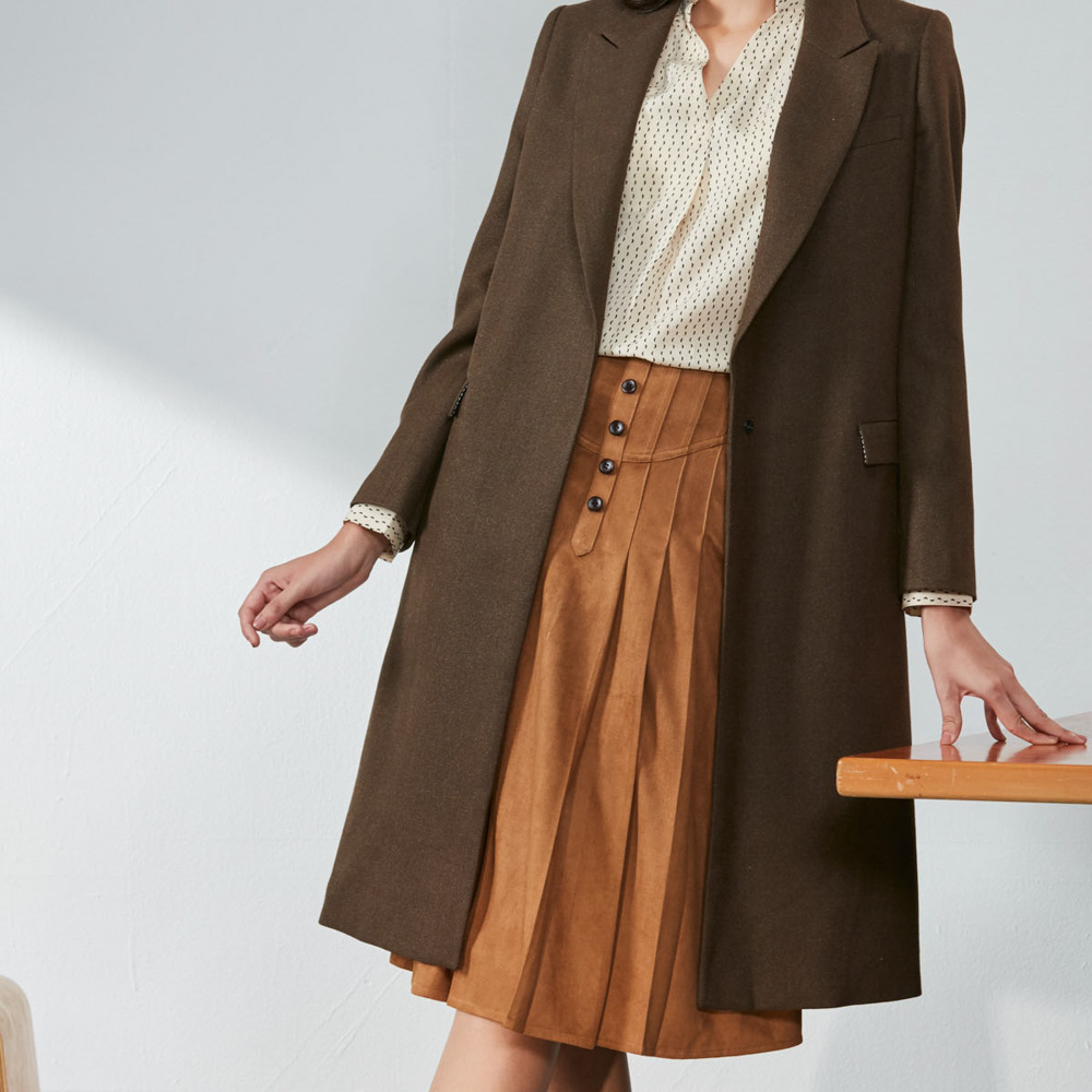 SST&C #Online Exclusive  Women'S Khaki Pleated High Waist Suede Skirt | 8361910001  (Outlet)_2