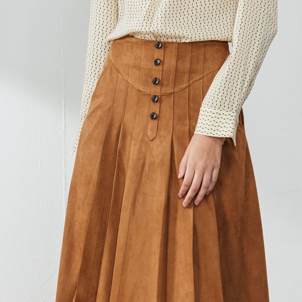 SST&C #Online Exclusive  Women'S Khaki Pleated High Waist Suede Skirt | 8361910001  (Outlet)_3