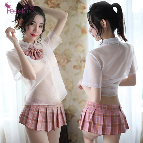 學生角色扮演服！透視襯衫格子百褶裙五件式套裝﹝粉格﹞ E500173