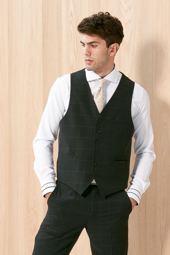 SST&C Black Pane Slim Fit Suit Vest | 0512004004  (Outlet)_0