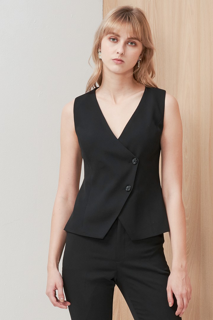 SST&C #Online Exclusive  Women'S Black Open Front Double Button Vest | 7762003001  (Outlet)_0