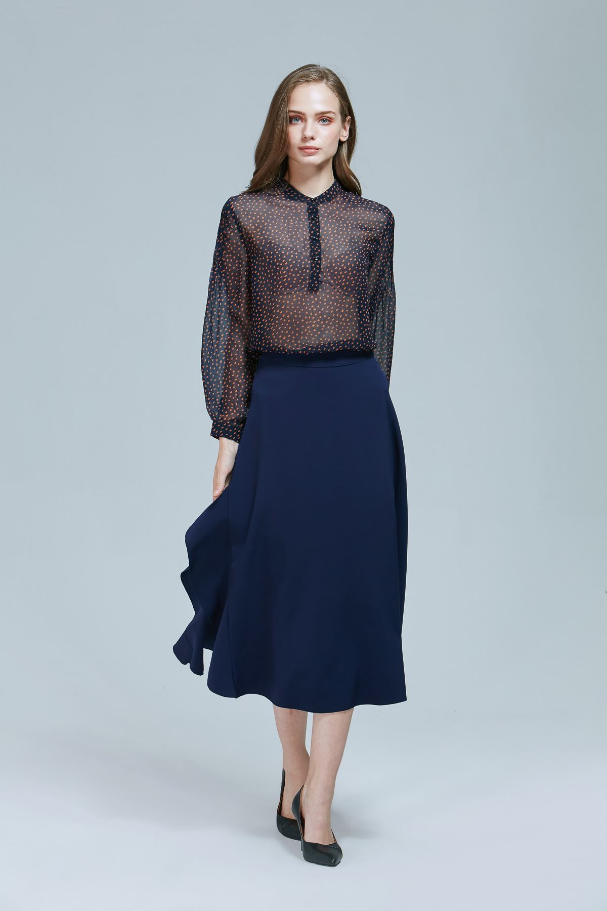 SST&C #Online Exclusive  Dark Blue Wavy Slit Long Skirt | 8361809003  (Outlet)_0
