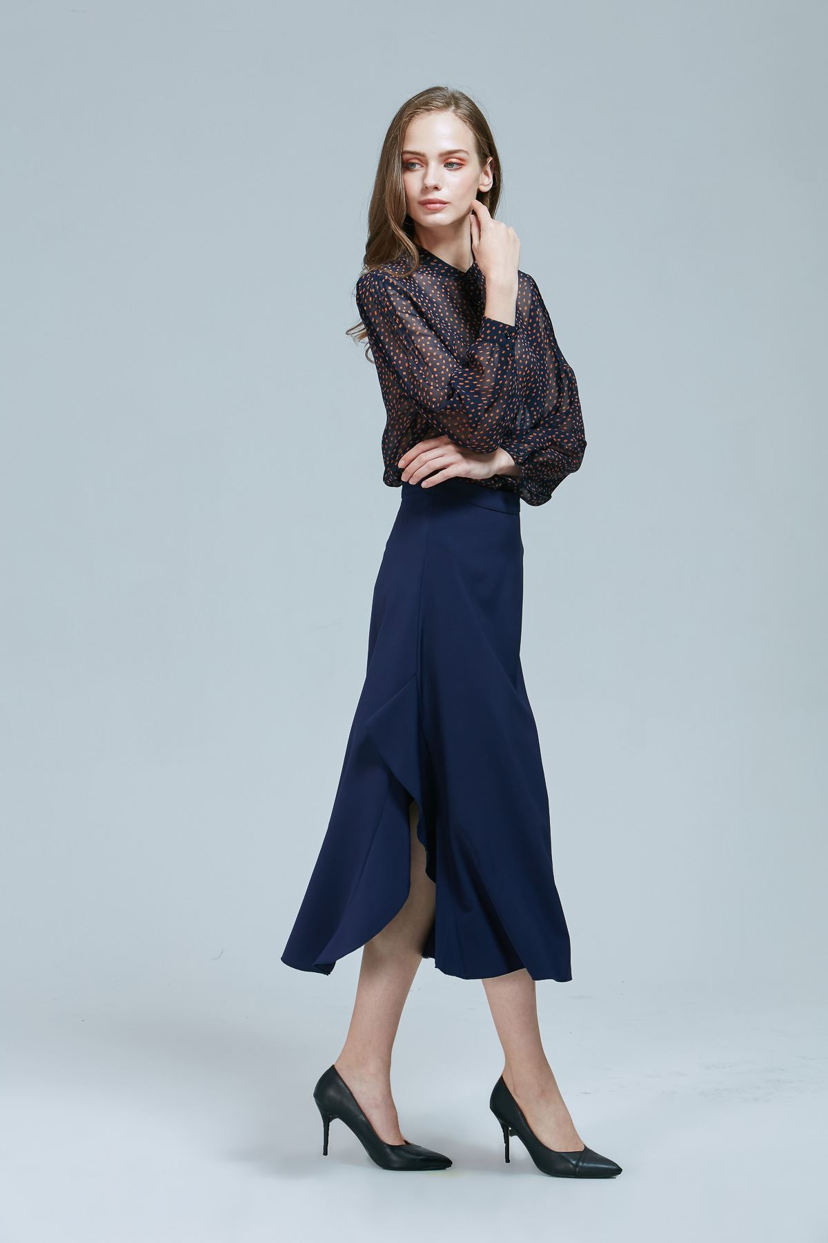 SST&C #Online Exclusive  Dark Blue Wavy Slit Long Skirt | 8361809003  (Outlet)_1