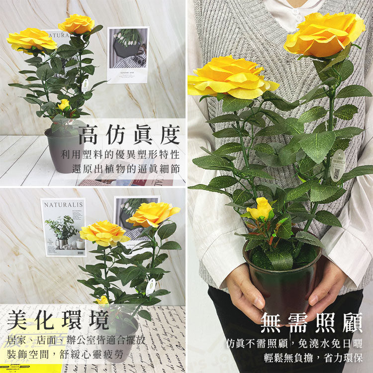 仿真黃玫瑰盆栽 光觸媒加工 不易沾塵 假花 假樹 人造花 不凋花 仿真植物 居家裝飾【HB0201】《約翰家庭百貨_4