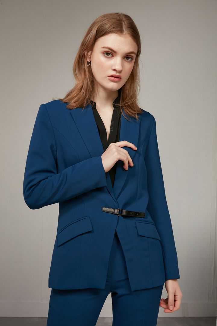 SST&C Women'S Dark Blue Square Collar Belt Buckle Suit Jacket | 7162003002  (Outlet)_3
