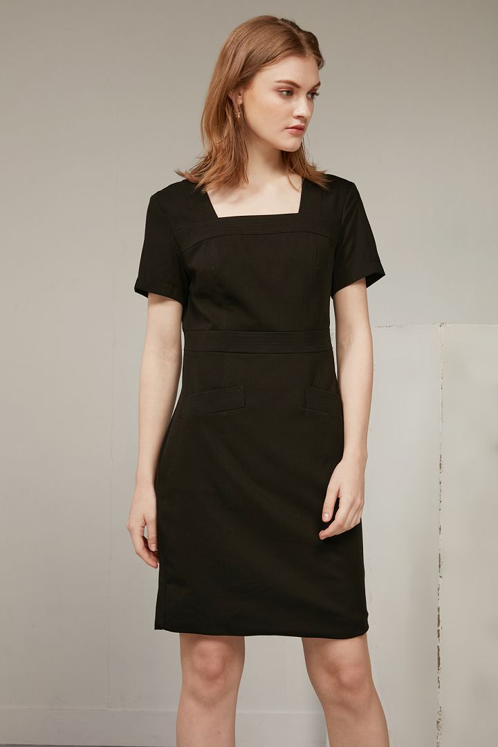 SST&C #Online Exclusive  Dark Blue Square Neck Stitched Dress | 8562003008  (Outlet)_1