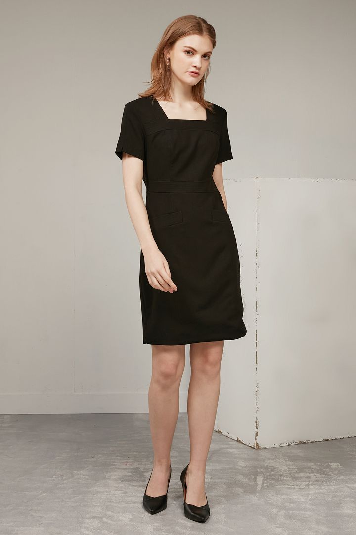 SST&C #Online Exclusive  Dark Blue Square Neck Stitched Dress | 8562003008  (Outlet)_2