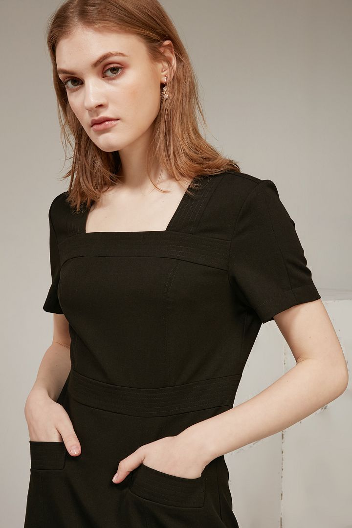 SST&C #Online Exclusive  Dark Blue Square Neck Stitched Dress | 8562003008  (Outlet)_3