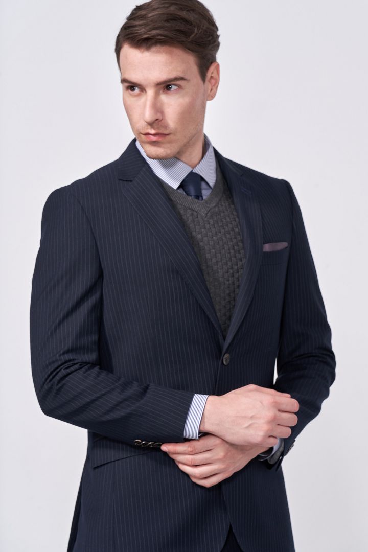 SST&C #Online Exclusive  Navy Striped Pattern Slim Fit Suit Jacket | 0112009003  (Outlet)_2