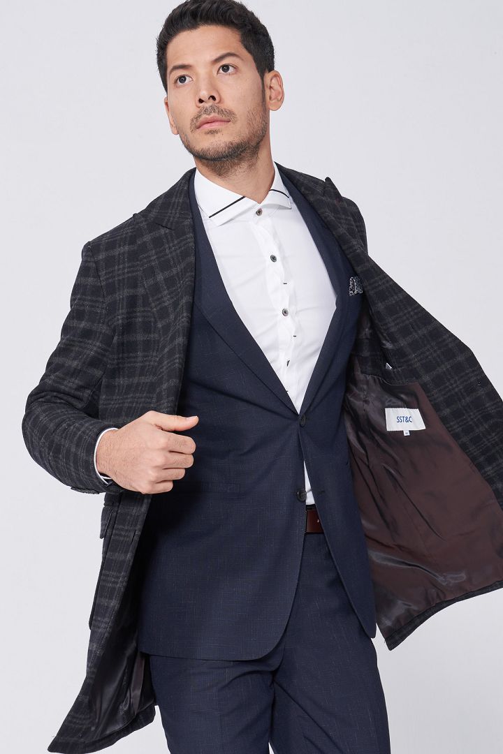 SST&C Navy Dark Check Pattern Slim Fit Suit Jacket | 0112012004  (Outlet)_3
