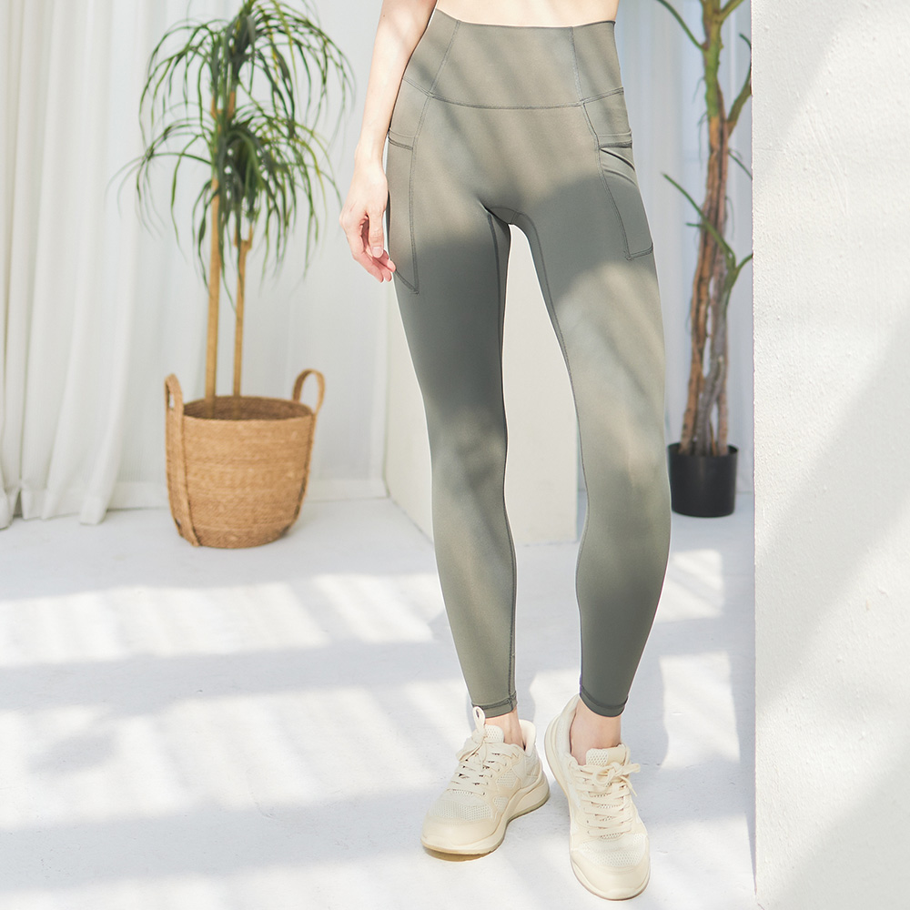 Seamless 無縫款側邊口袋高腰九分運動褲-深墨綠_0