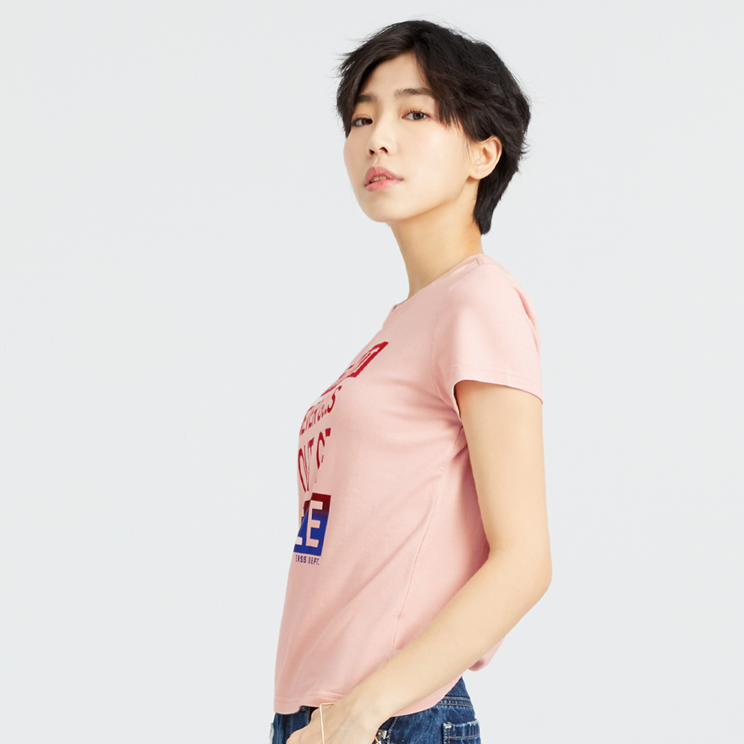 漸層色標語印花彈力貼身T恤(粉紅)-女_2