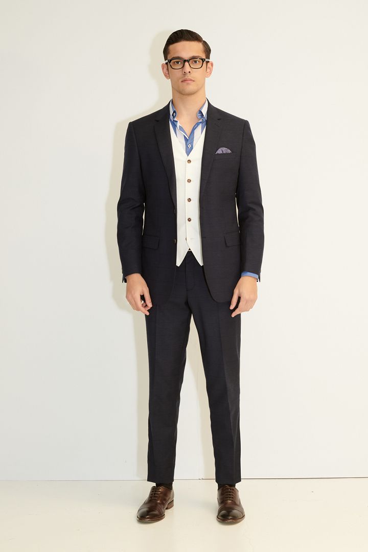 SST&C Navy Blue Pane Textured Classic Suit Jacket | 0112103010  (Outlet)_7