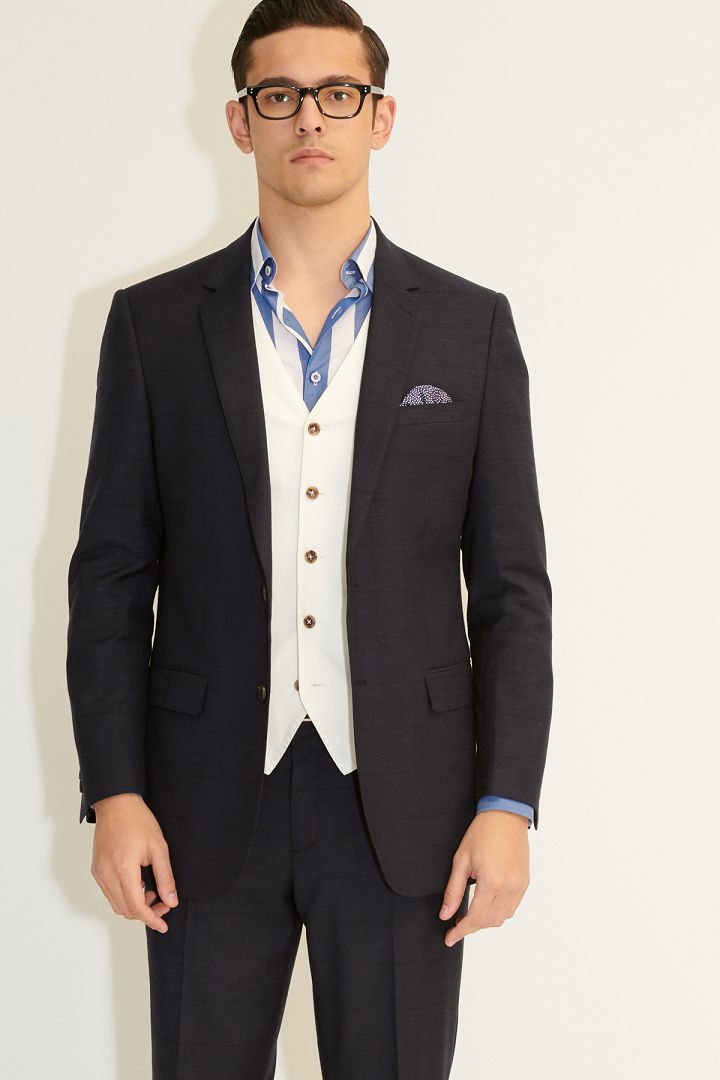 SST&C Navy Blue Pane Textured Classic Suit Jacket | 0112103010  (Outlet)_8