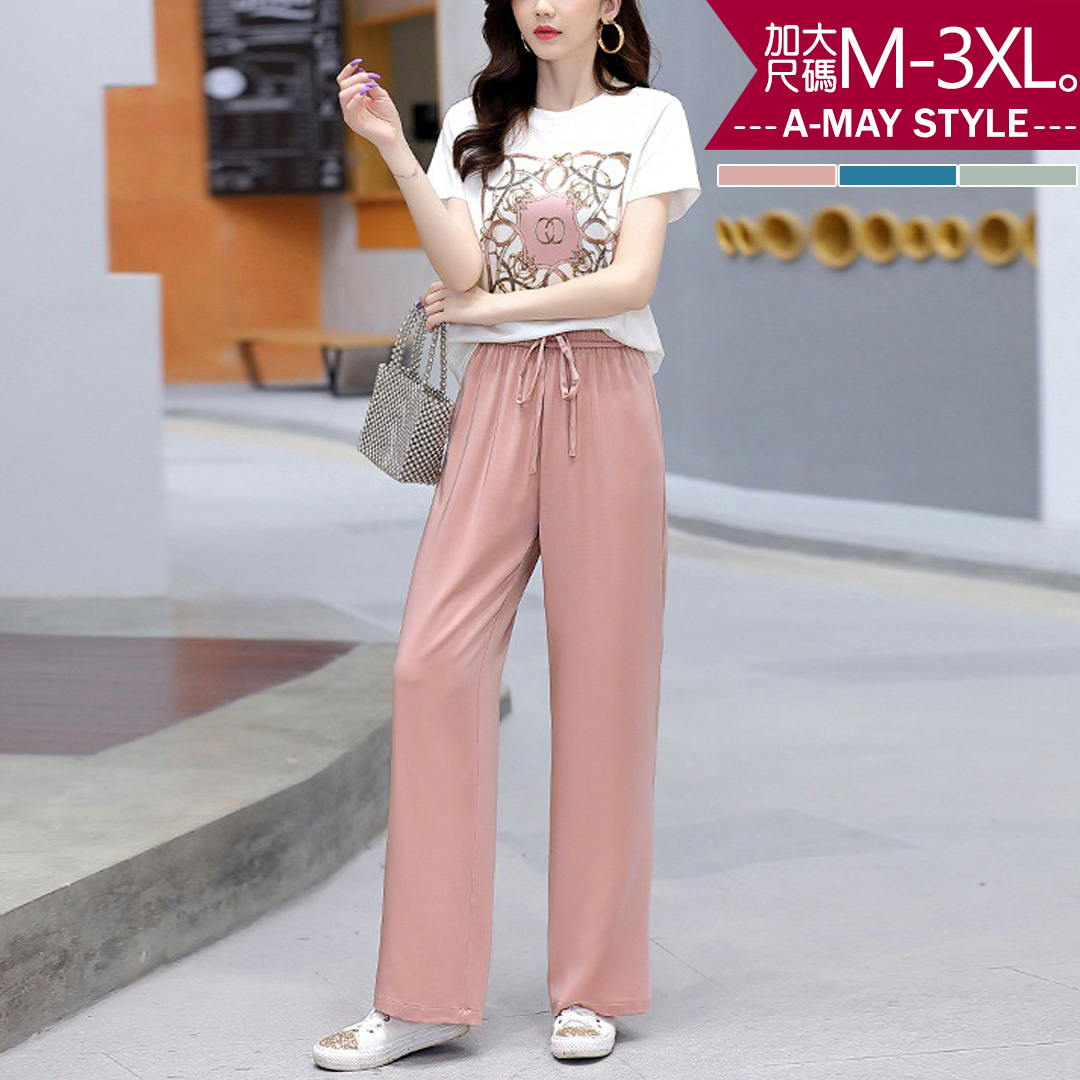 現貨 加大碼兩件式 歐式印花風緞面寬褲套裝(M-3XL)【XMS33055】＊艾美時尚_1