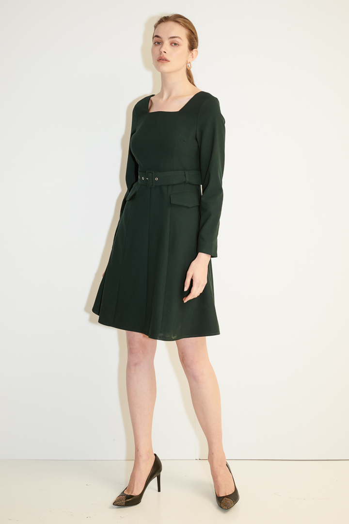 SST&C #Online Exclusive  Night Green Square Neck Belt Wavy Dress | 8562012002  (Outlet)_1