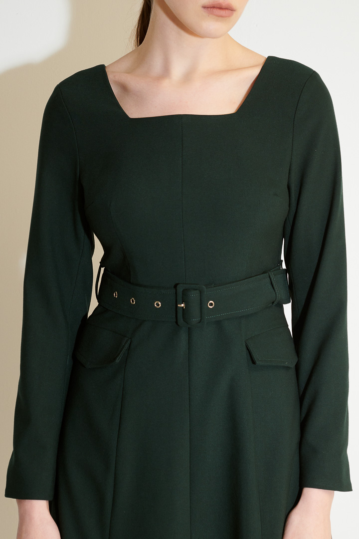 SST&C #Online Exclusive  Night Green Square Neck Belt Wavy Dress | 8562012002  (Outlet)_6