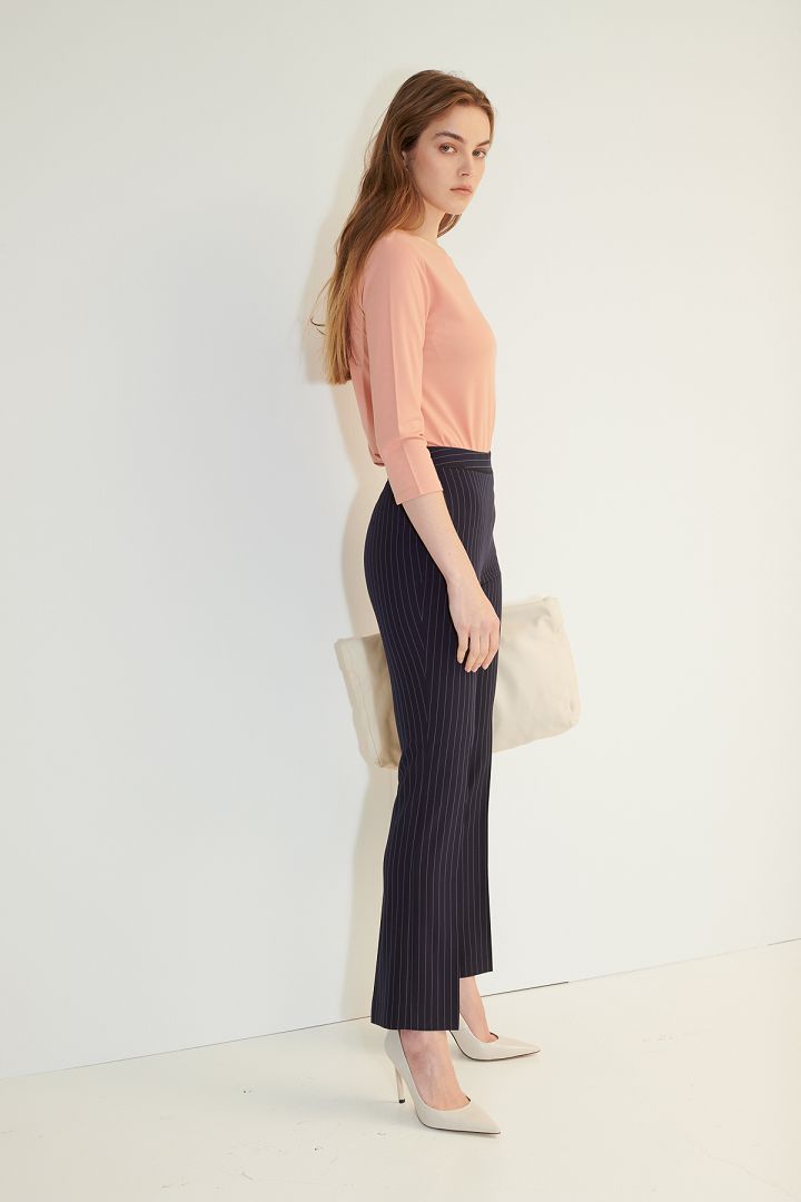 SST&C Women'S Dark Blue Striped Pattern Straight Suit Trousers | 7262103001  (Outlet)_1