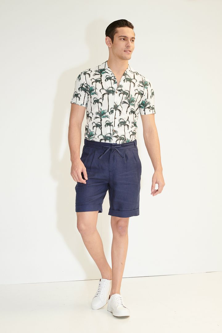 SST&C Pure Linen Navy Relaxed Fit Shorts | 1212104002  (Outlet)_0