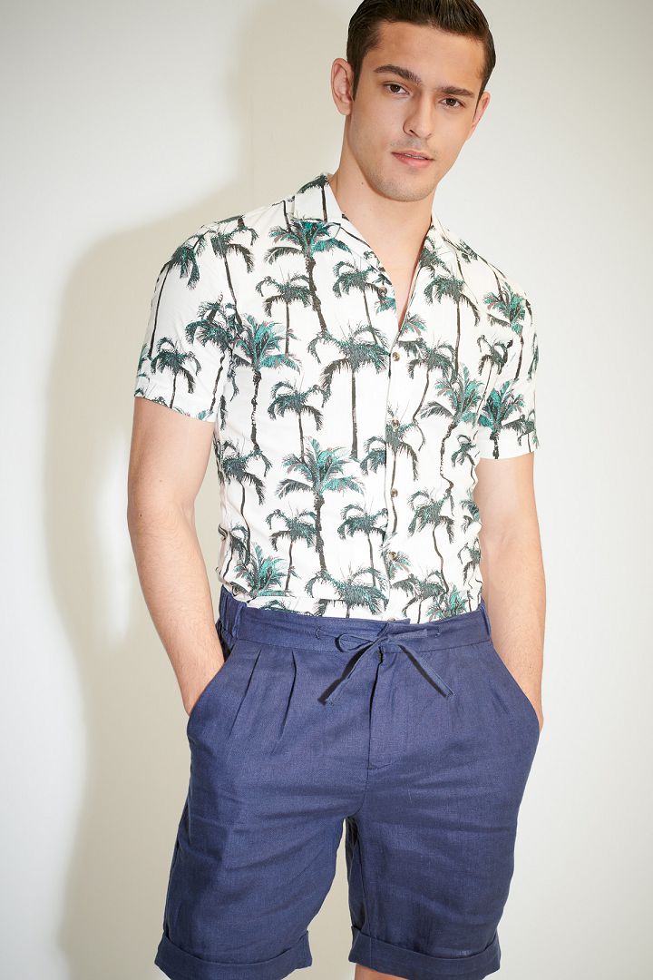SST&C Pure Linen Navy Relaxed Fit Shorts | 1212104002  (Outlet)_2