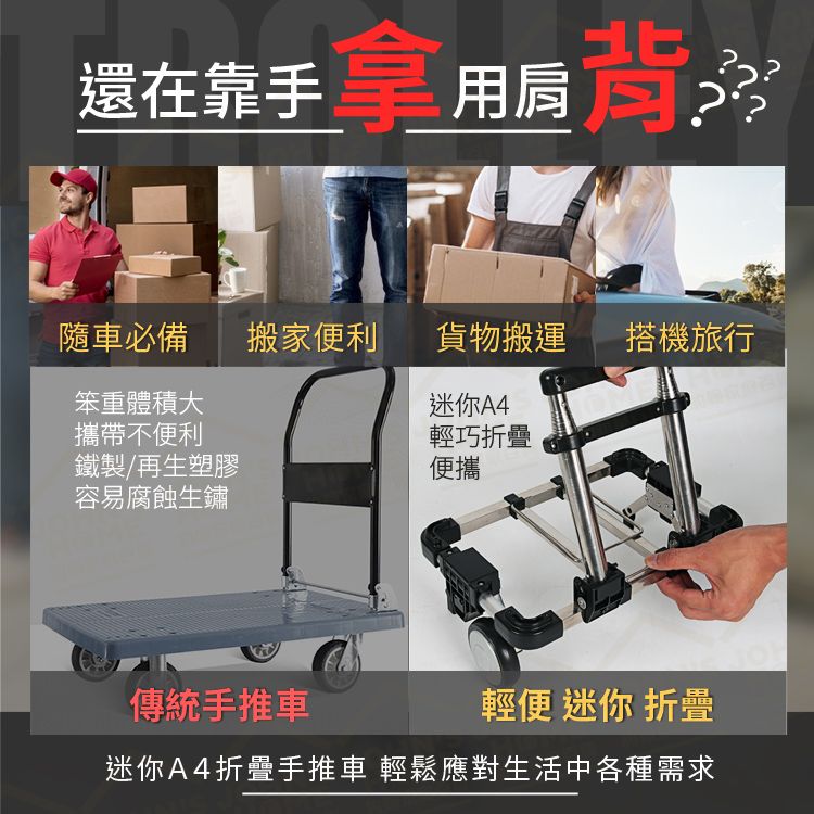 迷你A4折疊手拉車 可放入背包 靜音輪 摺疊推車 搬運車 板車 小型購物車 拉桿車 買菜車【ZS0508】《約翰家庭百貨_3