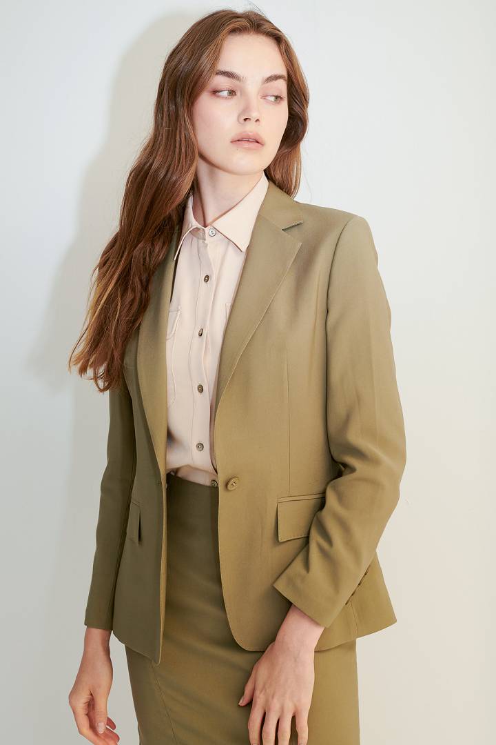 SST&C Women'S Olive Green Square Collar Single Button Suit Jacket | 7162104001  (Outlet)_0