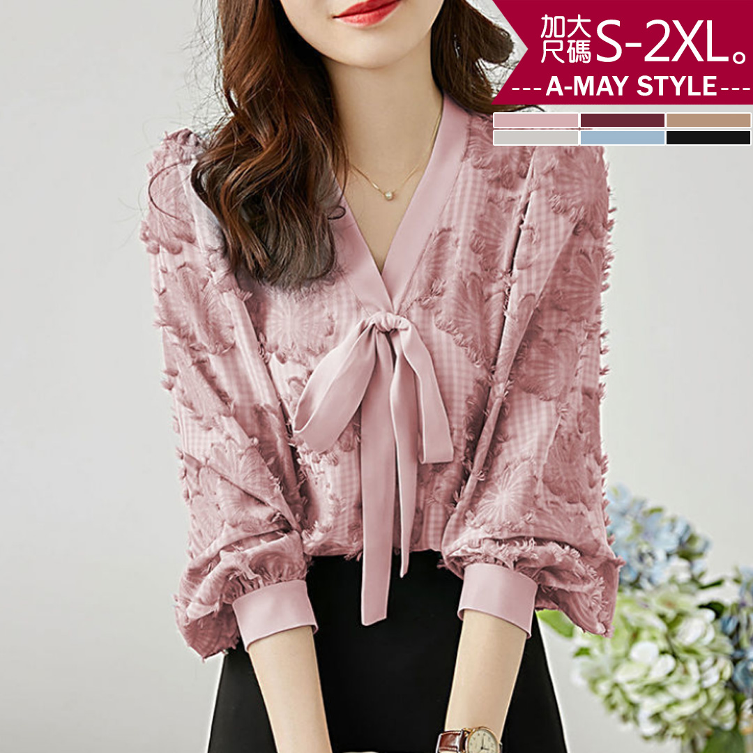 加大碼-復古燈籠袖V領植絨印花上衣(S-2XL)【XT202140】＊艾美時尚(現+預)_1