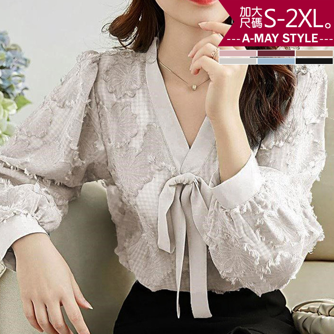 加大碼-復古燈籠袖V領植絨印花上衣(S-2XL)【XT202140】＊艾美時尚(現+預)_3