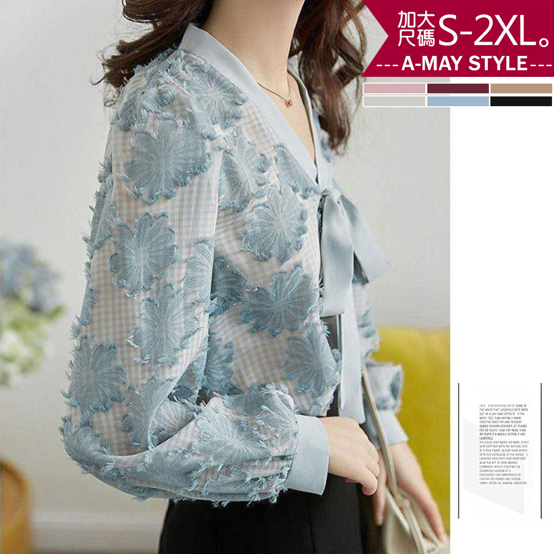加大碼-復古燈籠袖V領植絨印花上衣(S-2XL)【XT202140】＊艾美時尚(現+預)_4