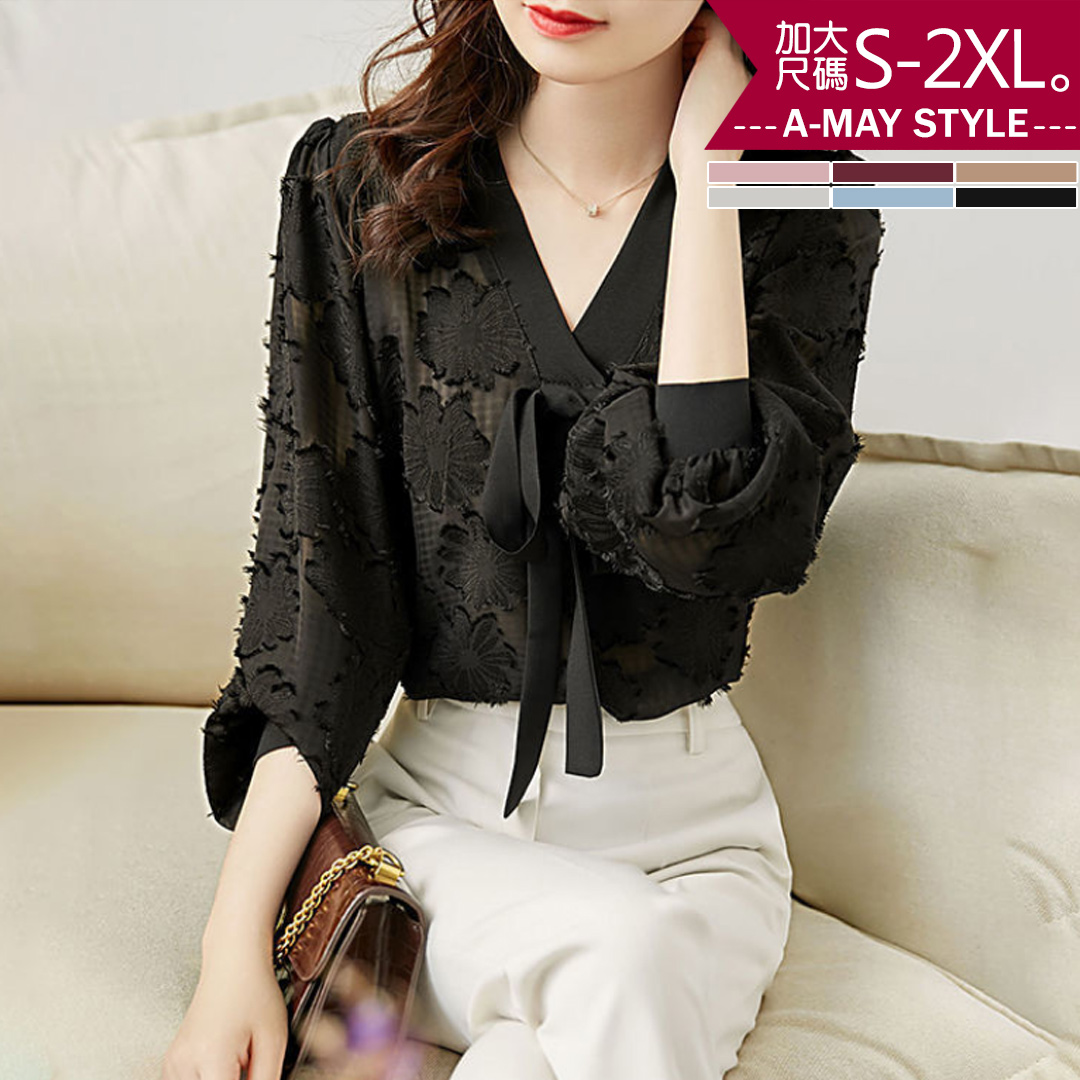 加大碼-復古燈籠袖V領植絨印花上衣(S-2XL)【XT202140】＊艾美時尚(現+預)_5