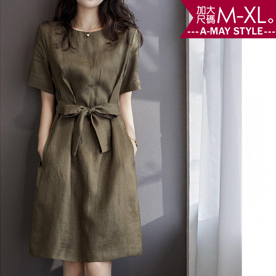加大碼洋裝-質感純色棉麻感綁帶連身裙(M-3XL)【XC861064】＊艾美時尚(現+預)_0