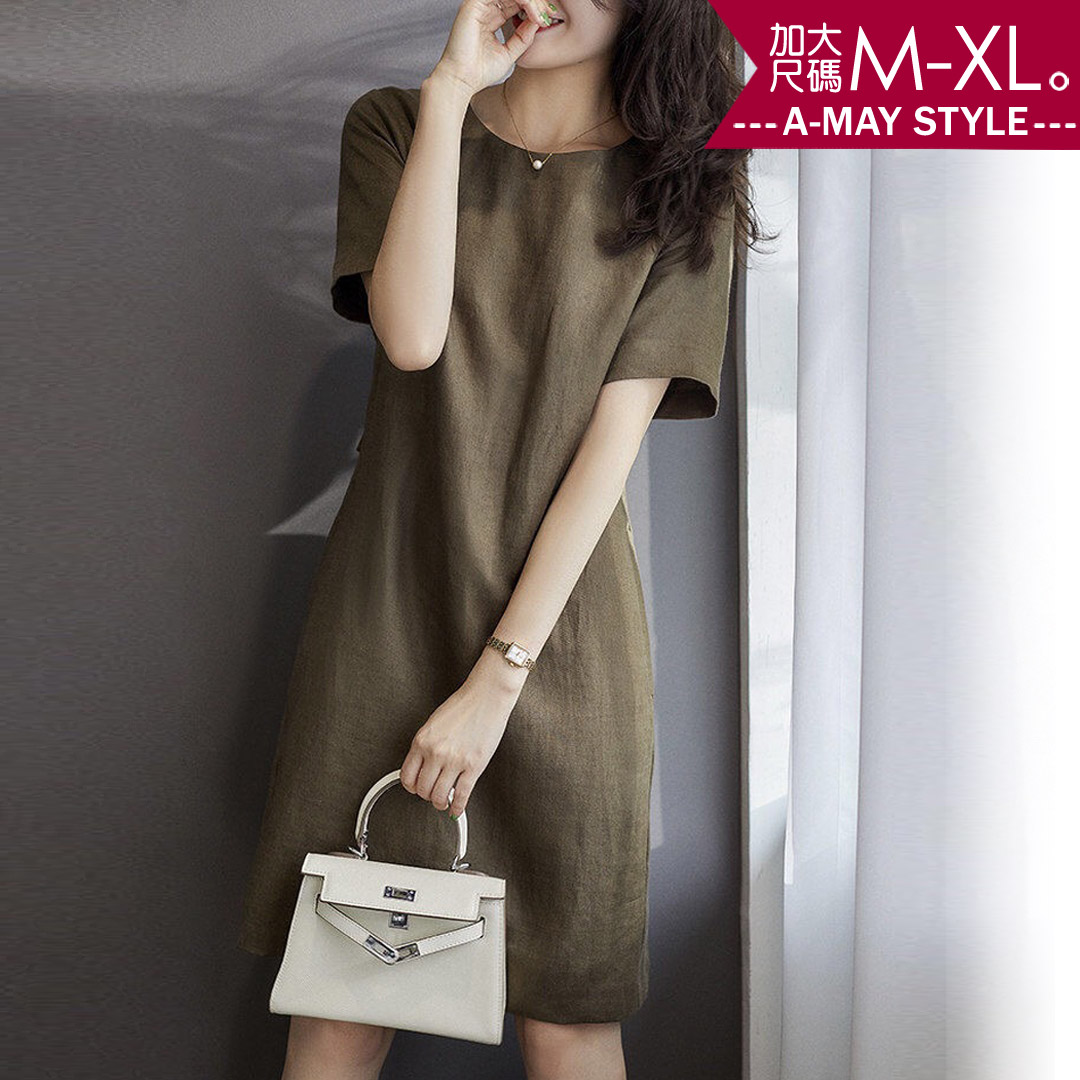 加大碼洋裝-質感純色棉麻感綁帶連身裙(M-3XL)【XC861064】＊艾美時尚(現+預)_1
