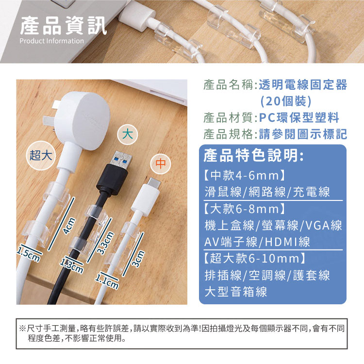 透明電線固定器 20個裝 多規格 電源線夾 理線器 集線器 電線收納 延長線固定器 插頭掛【A00403】《約翰家庭百貨_2