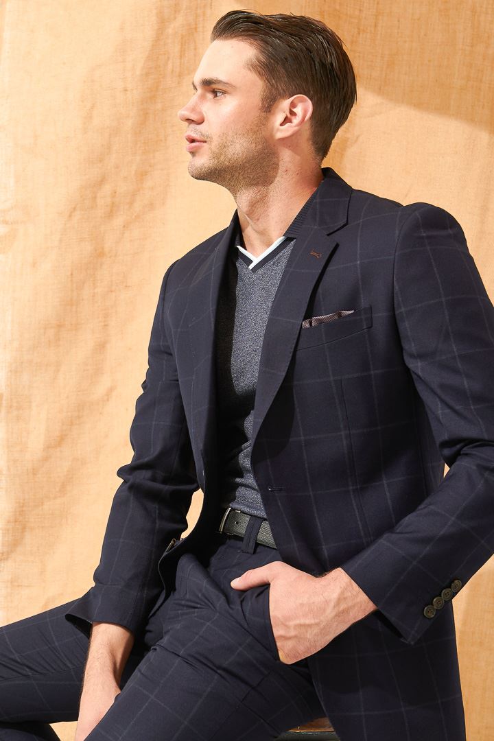 SST&C Navy Blue Pane Slim Fit Suit Jacket | 0112105003  (Outlet)_0