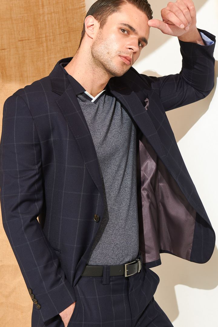 SST&C Navy Blue Pane Slim Fit Suit Jacket | 0112105003  (Outlet)_2