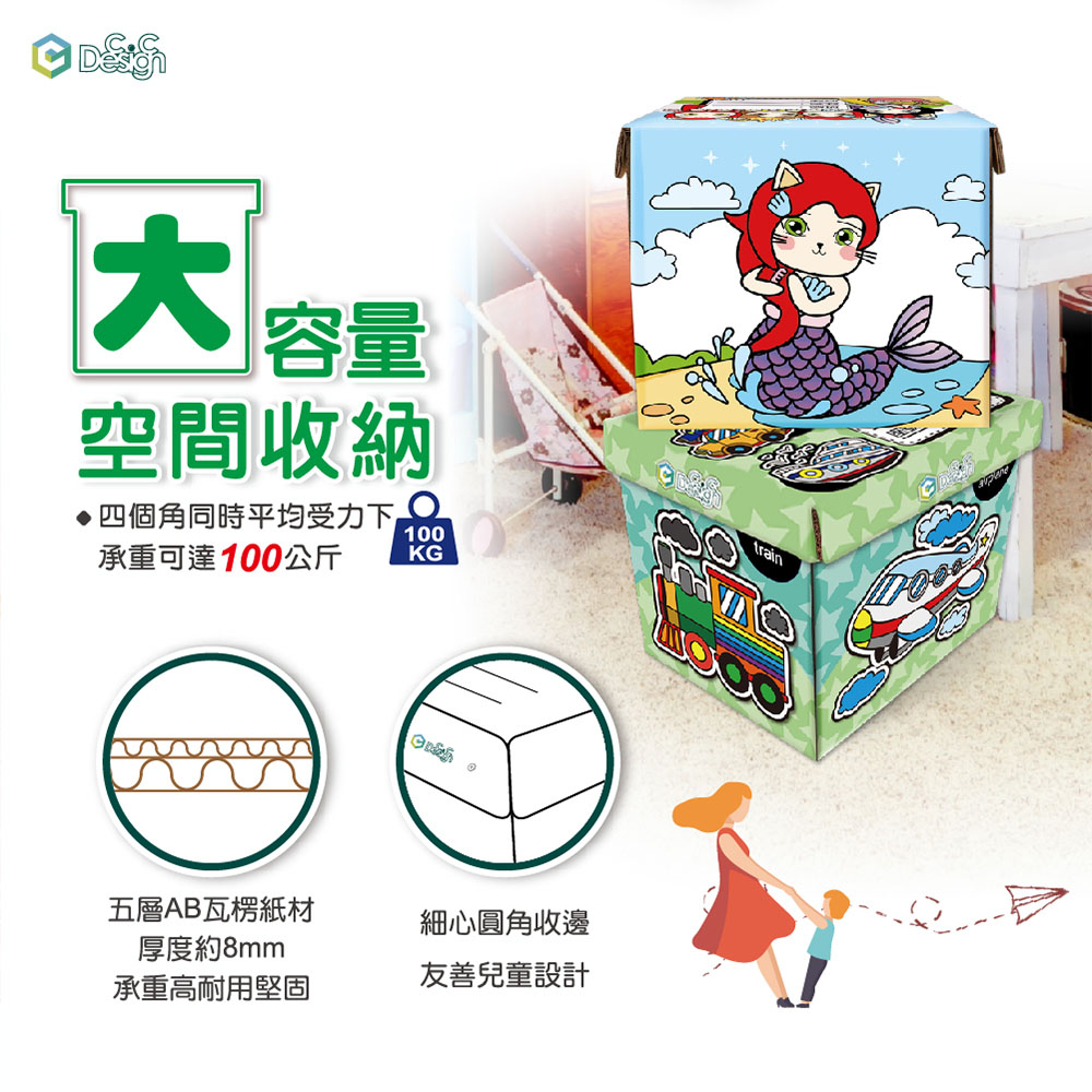 【C.C Design】台灣製 專利畚斗型 瓦楞紙收納箱 童趣設計款 免運費 2入_5