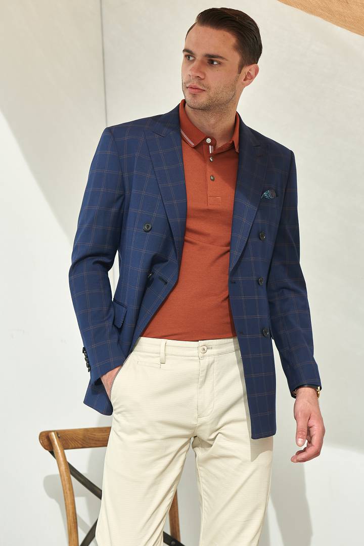 SST&C #Online Exclusive  Navy Check Double-Breasted Slim Fit Suit Jacket | 0112106002  (Outlet)_0