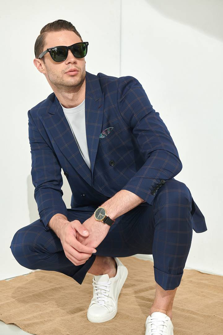 SST&C #Online Exclusive  Navy Check Double-Breasted Slim Fit Suit Jacket | 0112106002  (Outlet)_1