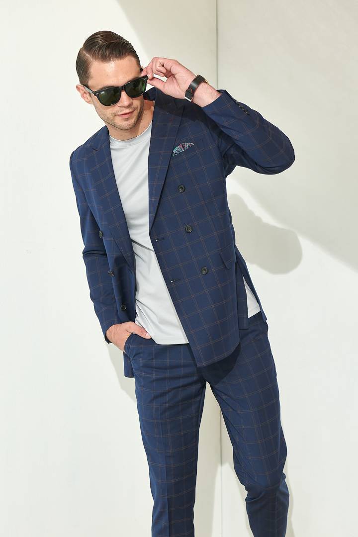 SST&C #Online Exclusive  Navy Check Double-Breasted Slim Fit Suit Jacket | 0112106002  (Outlet)_2