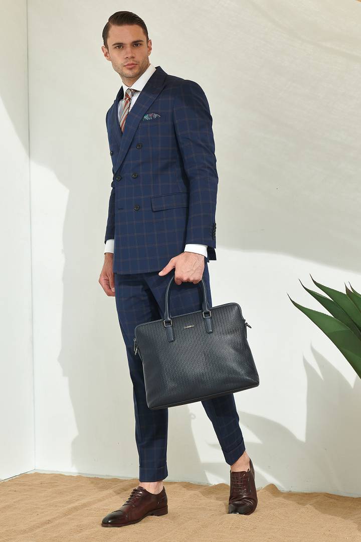 SST&C #Online Exclusive  Navy Check Double-Breasted Slim Fit Suit Jacket | 0112106002  (Outlet)_3